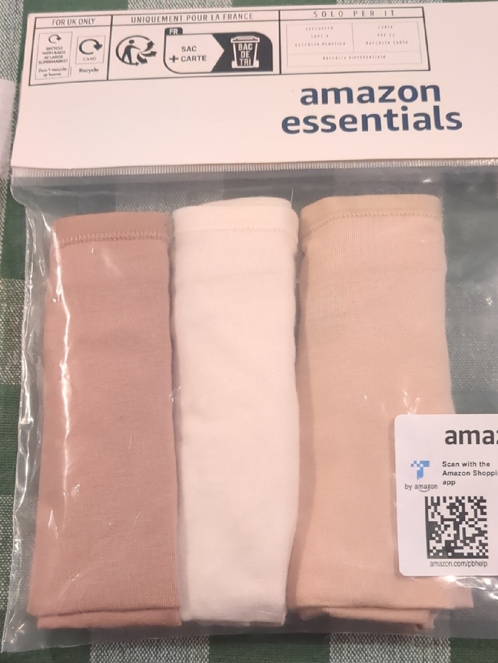 Amazon Essentials Three-Pack Cotton Underwear in White, Light Brown, and Beige